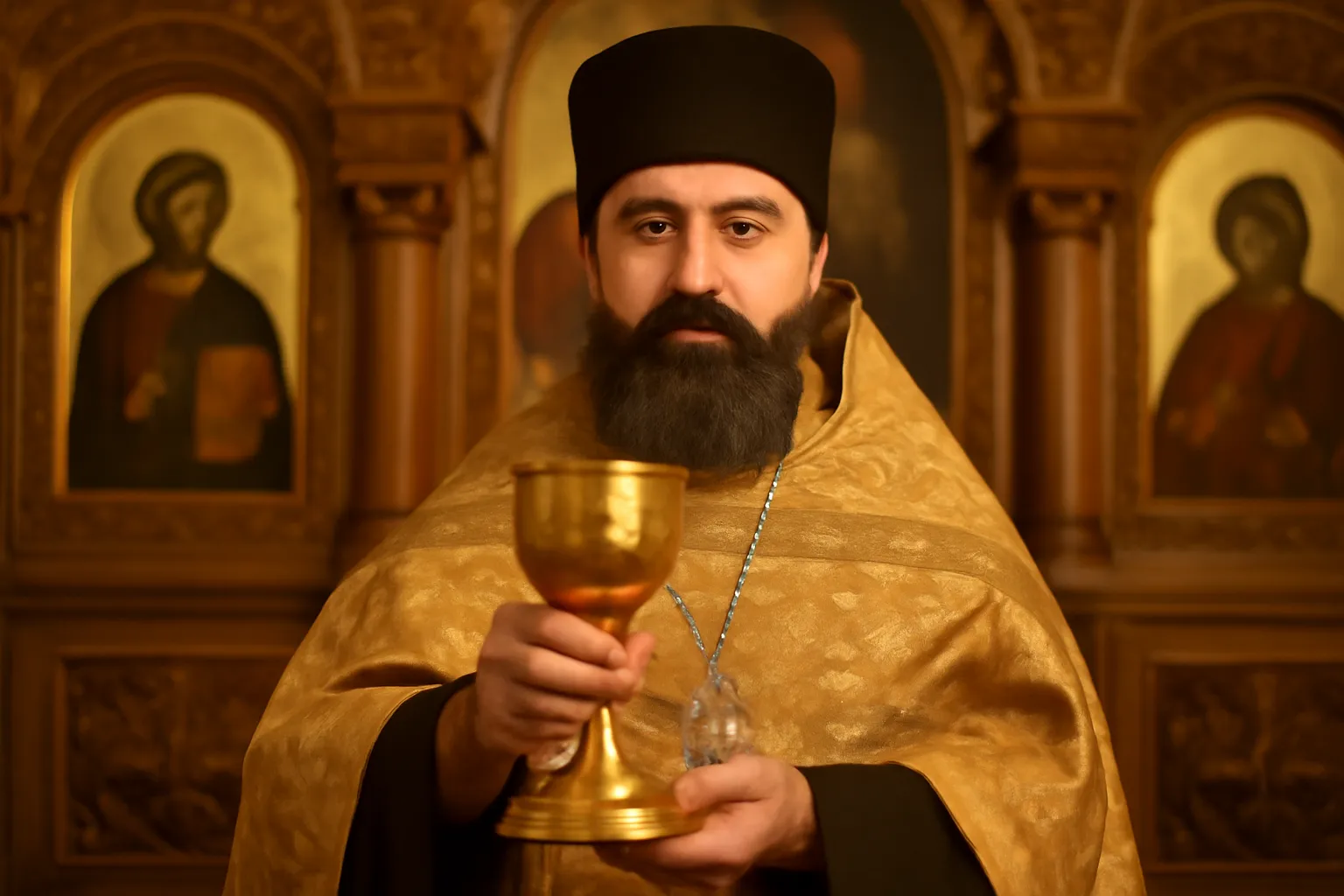 Prêtre orthodoxe présentant le calice de la communion devant l'iconostase