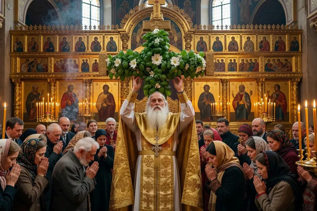 Prêtre orthodoxe élevant une grande croix ornée de fleurs et de basilic devant la congrégation rassemblée