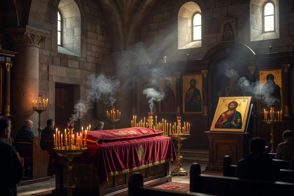 Cérémonie funéraire orthodoxe dans une église, cierges allumés, icônes et couronne funéraire