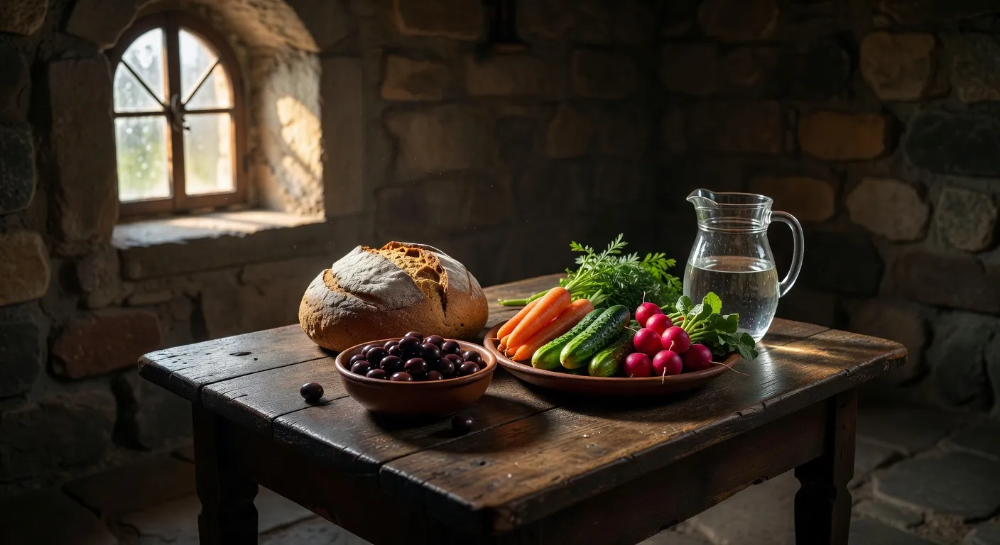 Table de careme orthodoxe avec pain, olives, legumes et cierge allume
