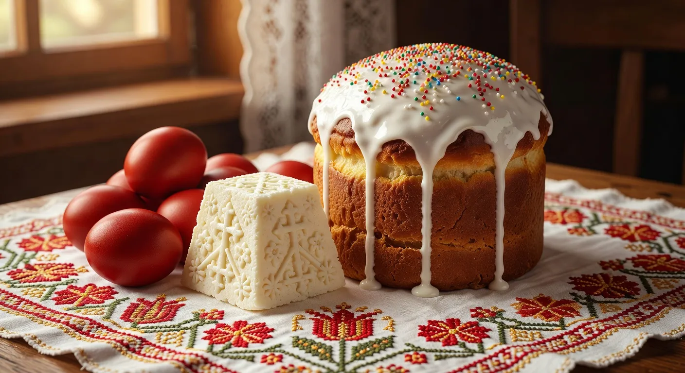 Table pascale russe avec koulitchs et oeufs rouges