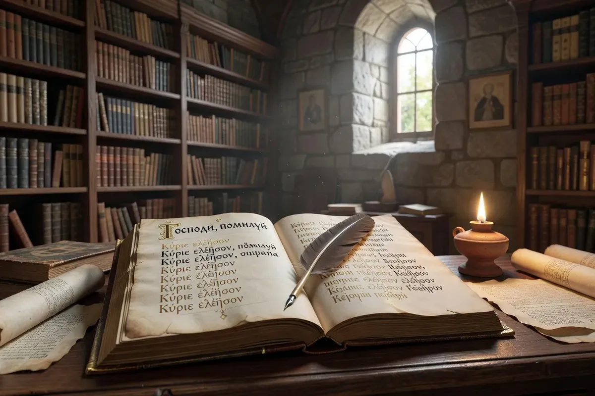 Livre de liturgie orthodoxe ouvert avec des termes en cyrillique et en grec, plume, veilleuse