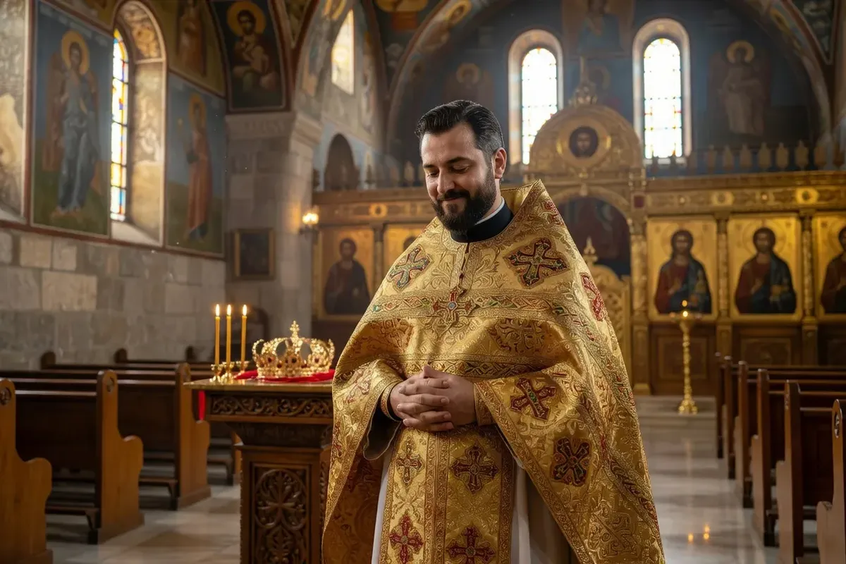 Cérémonie du stéphanoma au mariage orthodoxe : le prêtre pose les couronnes sur les époux