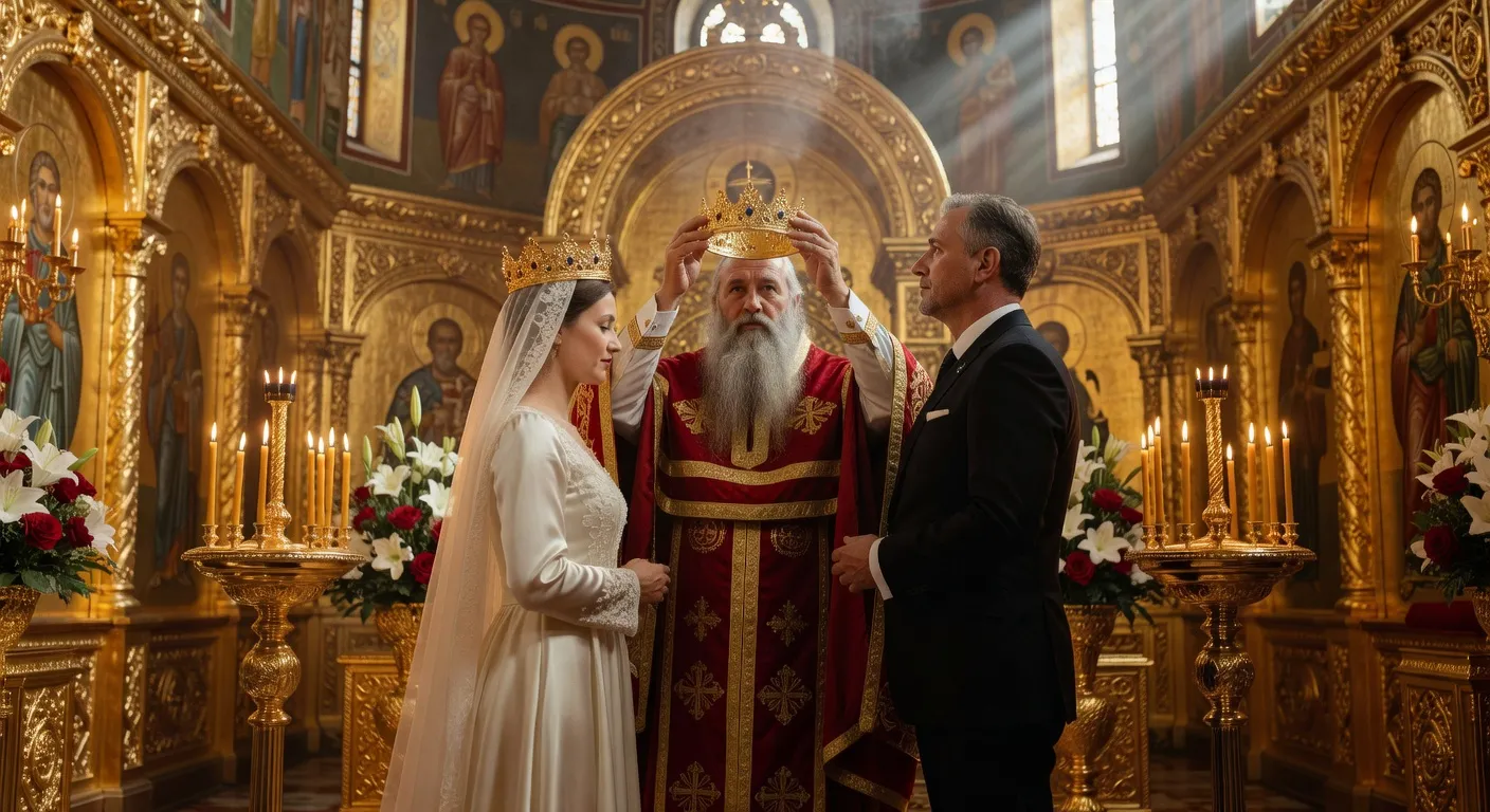 Ceremonie de mariage orthodoxe avec couronnes et cierges dans une eglise doree