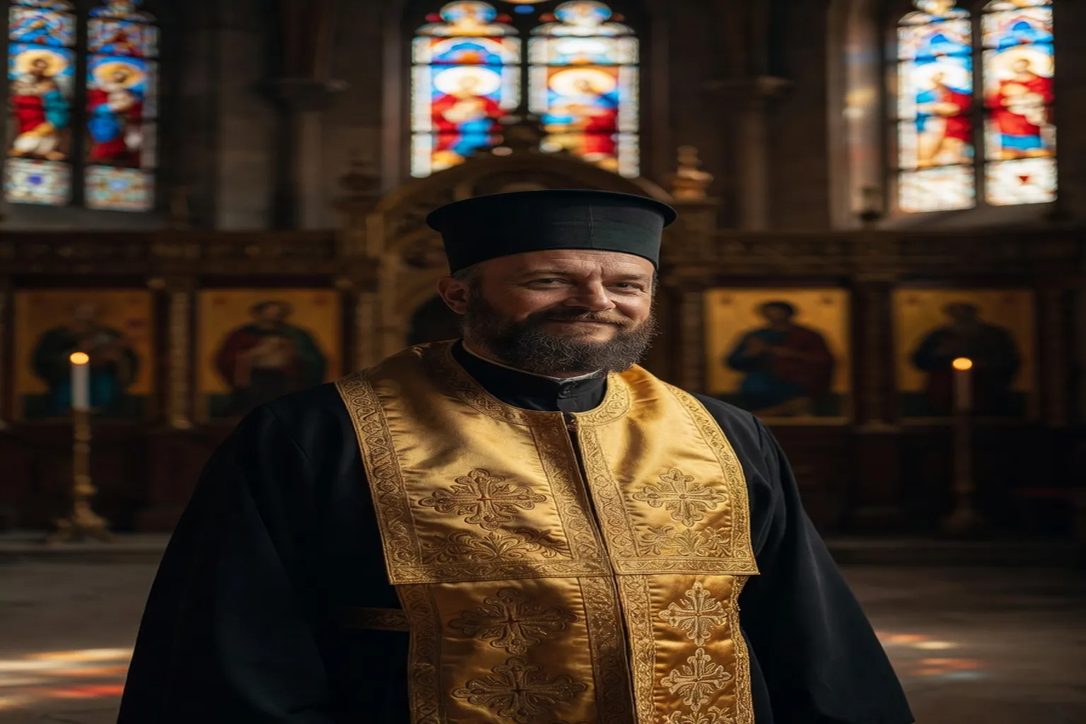 Prêtre orthodoxe en epitrachelion dore dans une église byzantine