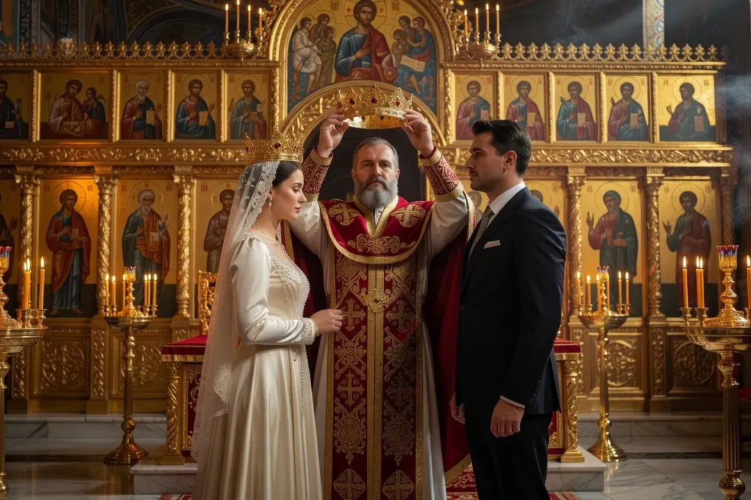 Cérémonie de mariage orthodoxe : le prêtre pose les couronnes sur les époux devant l'iconostase dorée