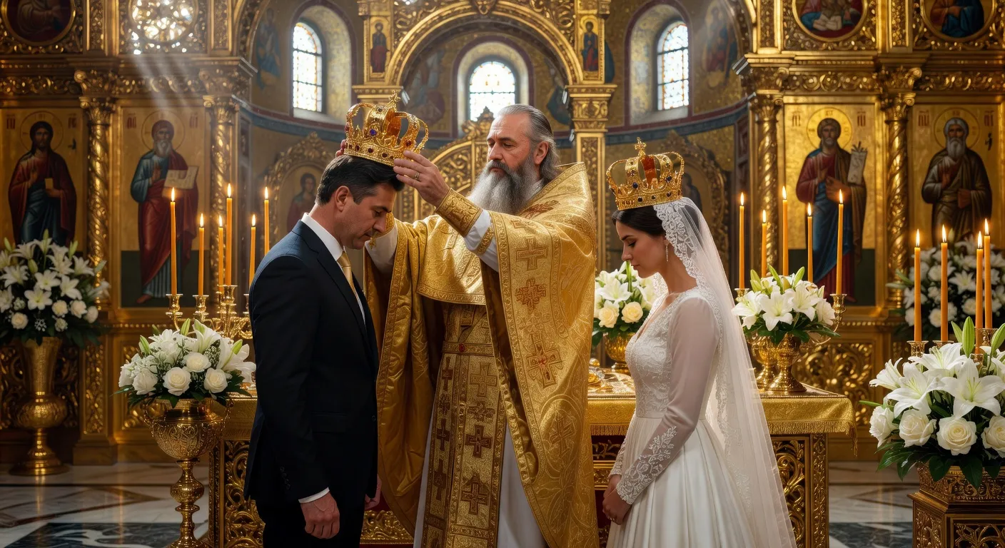 Couple couronne lors d'un mariage orthodoxe devant l'iconostase doree
