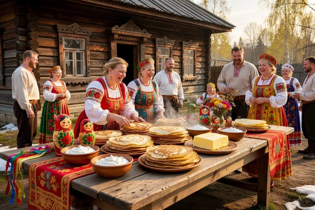 Pile de blinis dorés servis avec du beurre et de la crème sure, décorés pour la fête de Maslenitsa