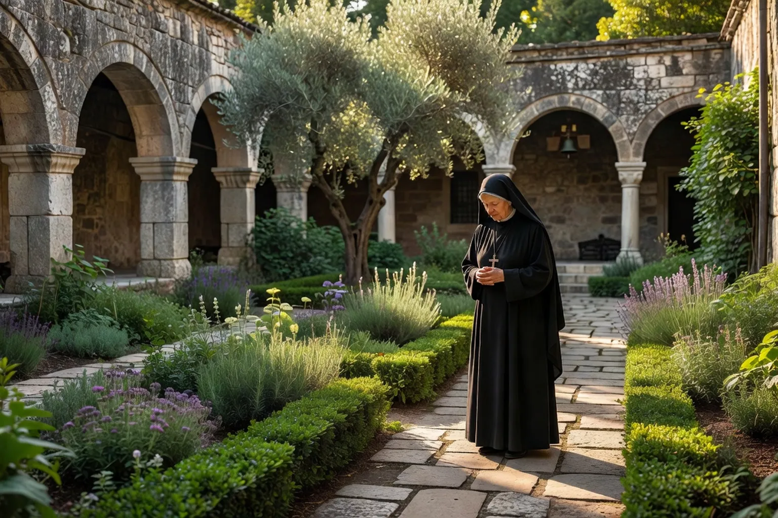 Moniale orthodoxe en habit noir priant dans une chapelle de monastère