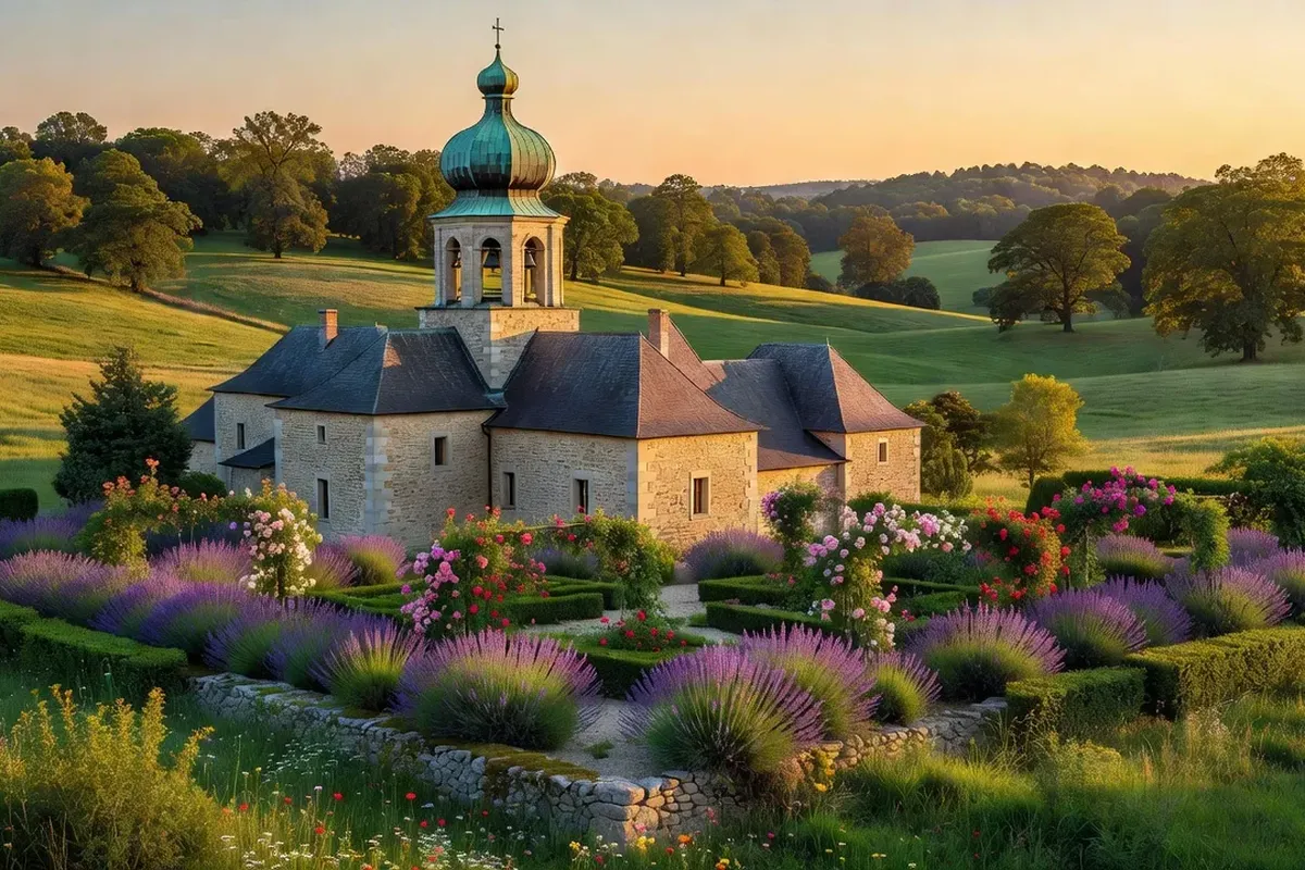 Monastère orthodoxe français dans un paysage de campagne, clocher à bulbe, jardins