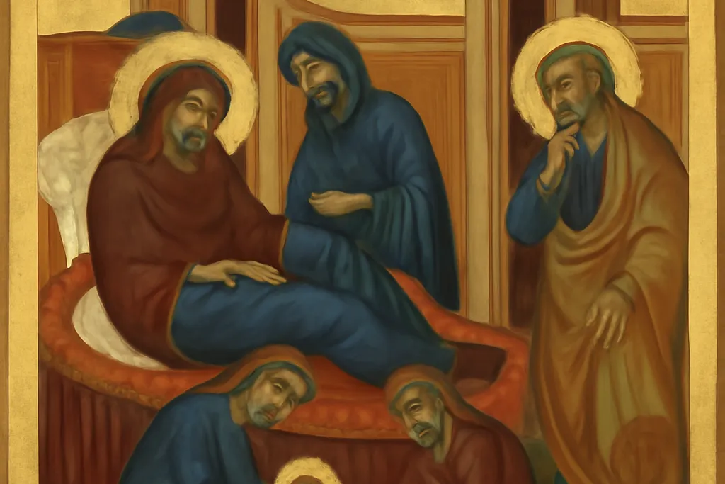 Icône orthodoxe traditionnelle de la Nativité de la Mère de Dieu, sainte Anne alitée entourée de femmes, style byzantin doré