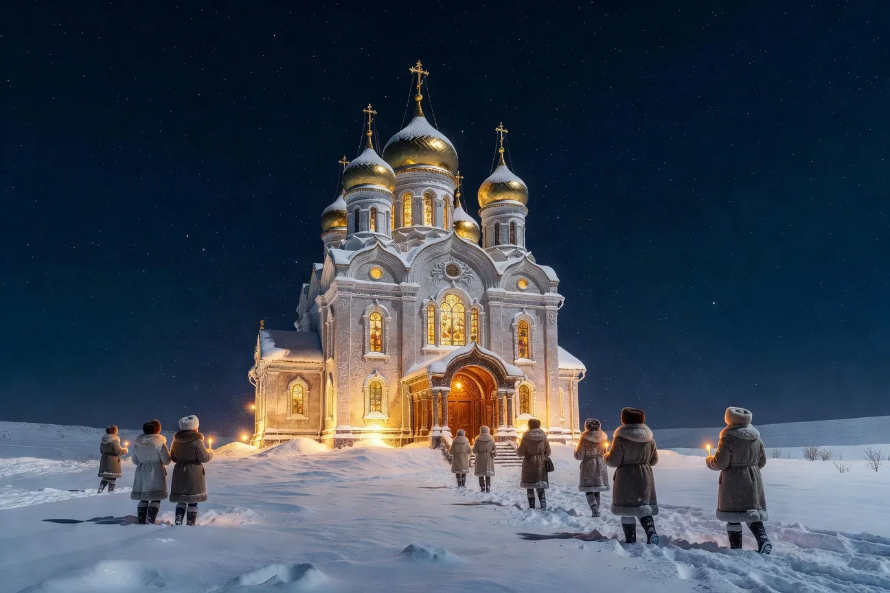Table de Noël orthodoxe russe avec cierges, icônes et décoration traditionnelle