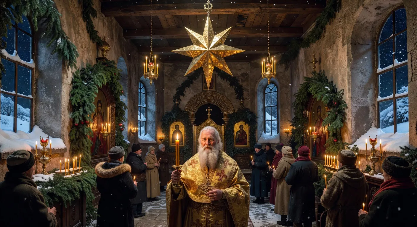 Eglise orthodoxe enneigee decoree pour Noel