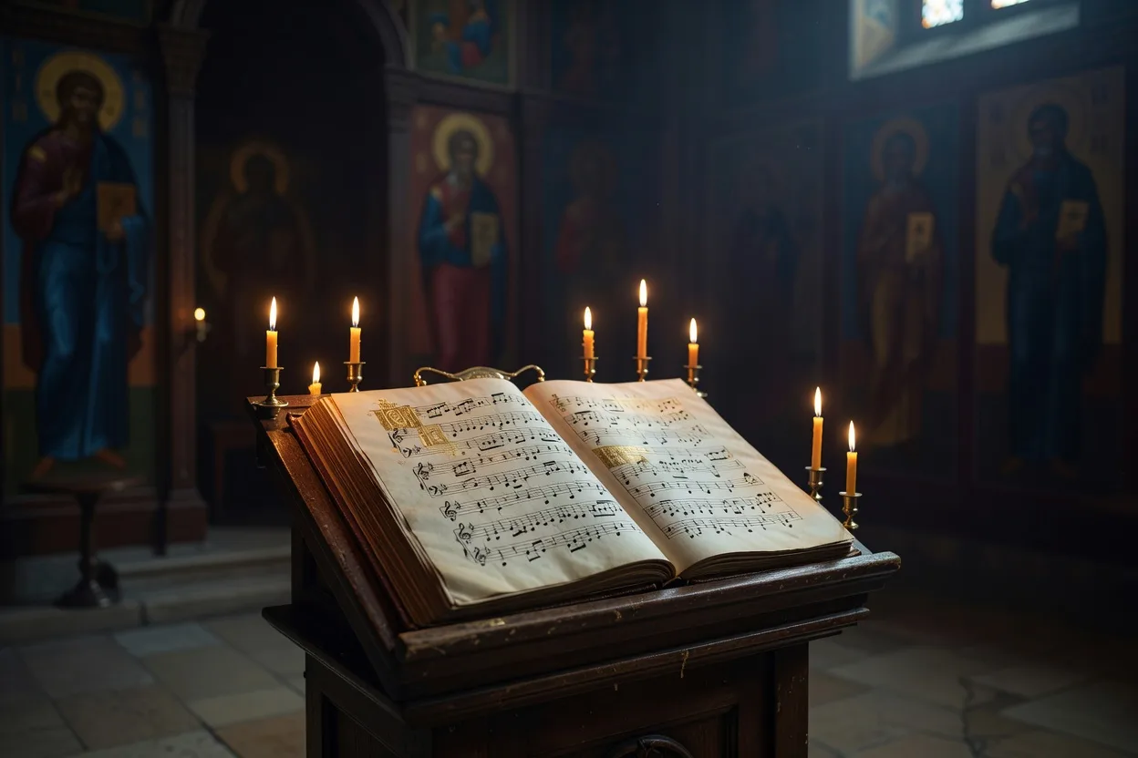 Manuscrit liturgique ancien avec notation musicale, cierges et icones dans une eglise