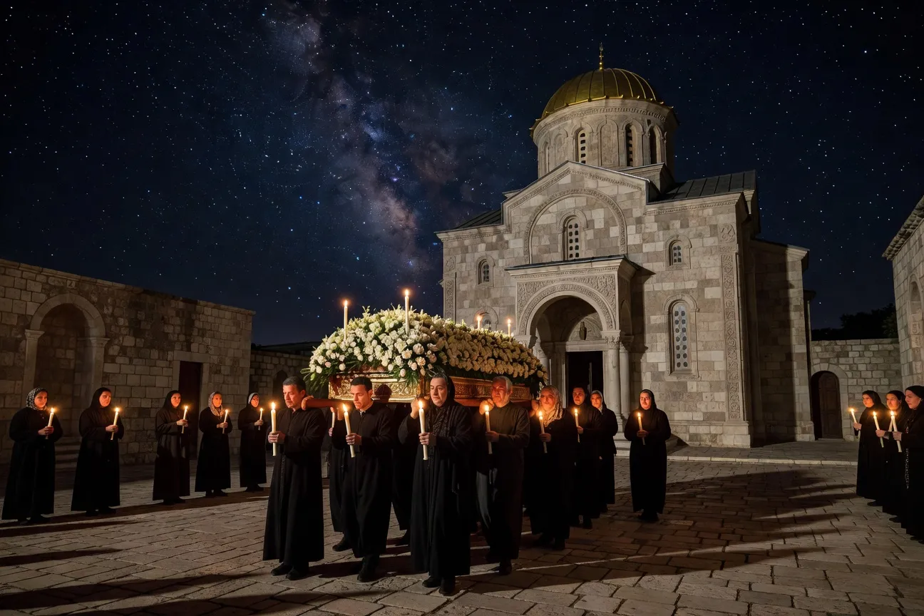 Célébration de Pâques orthodoxe en Grèce, bougies allumées et procession nocturne