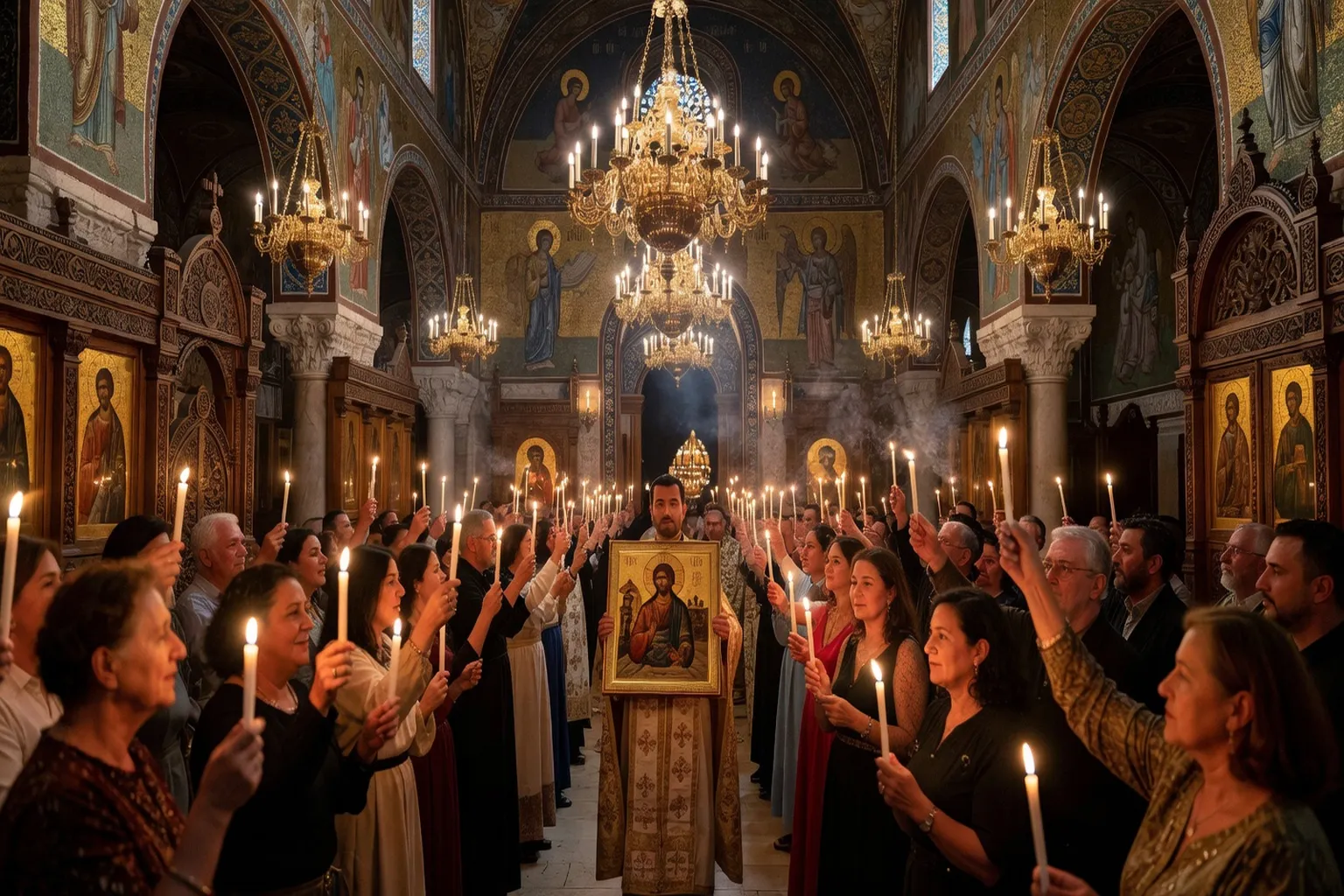 Procession de la Lumière Sainte dans une église grecque