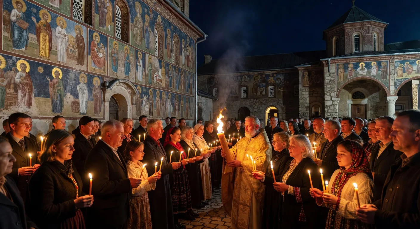Monastere orthodoxe roumain de Bucovine avec fresques exterieures et fideles lors de Paques