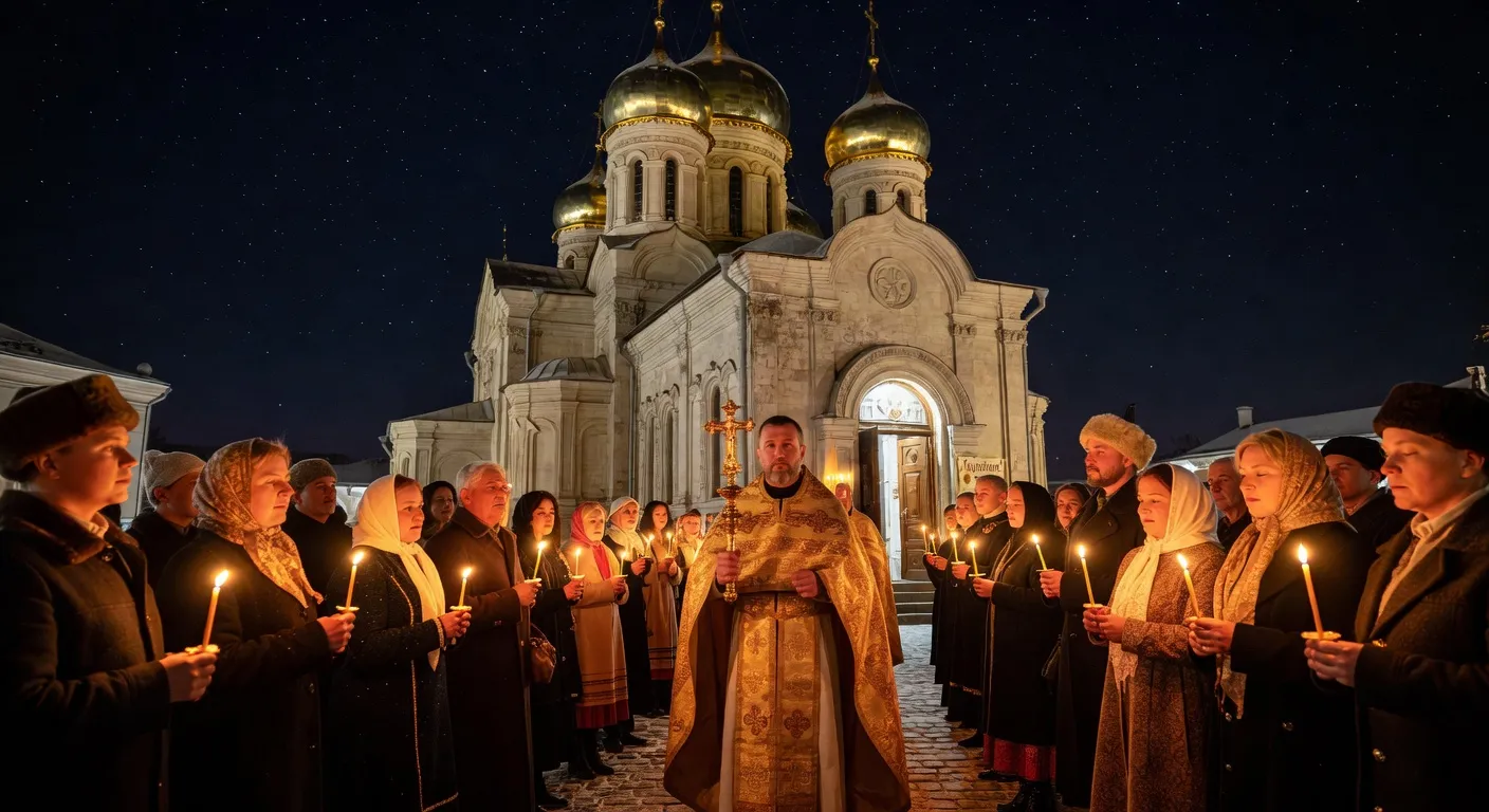 Cathedrale orthodoxe russe illuminee lors de la nuit de Paques avec des fideles portant des cierges