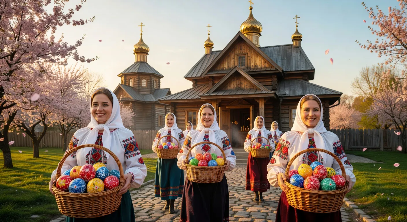 Eglise orthodoxe ukrainienne aux coupoles dorees entouree de fideles portant des paniers pascaux