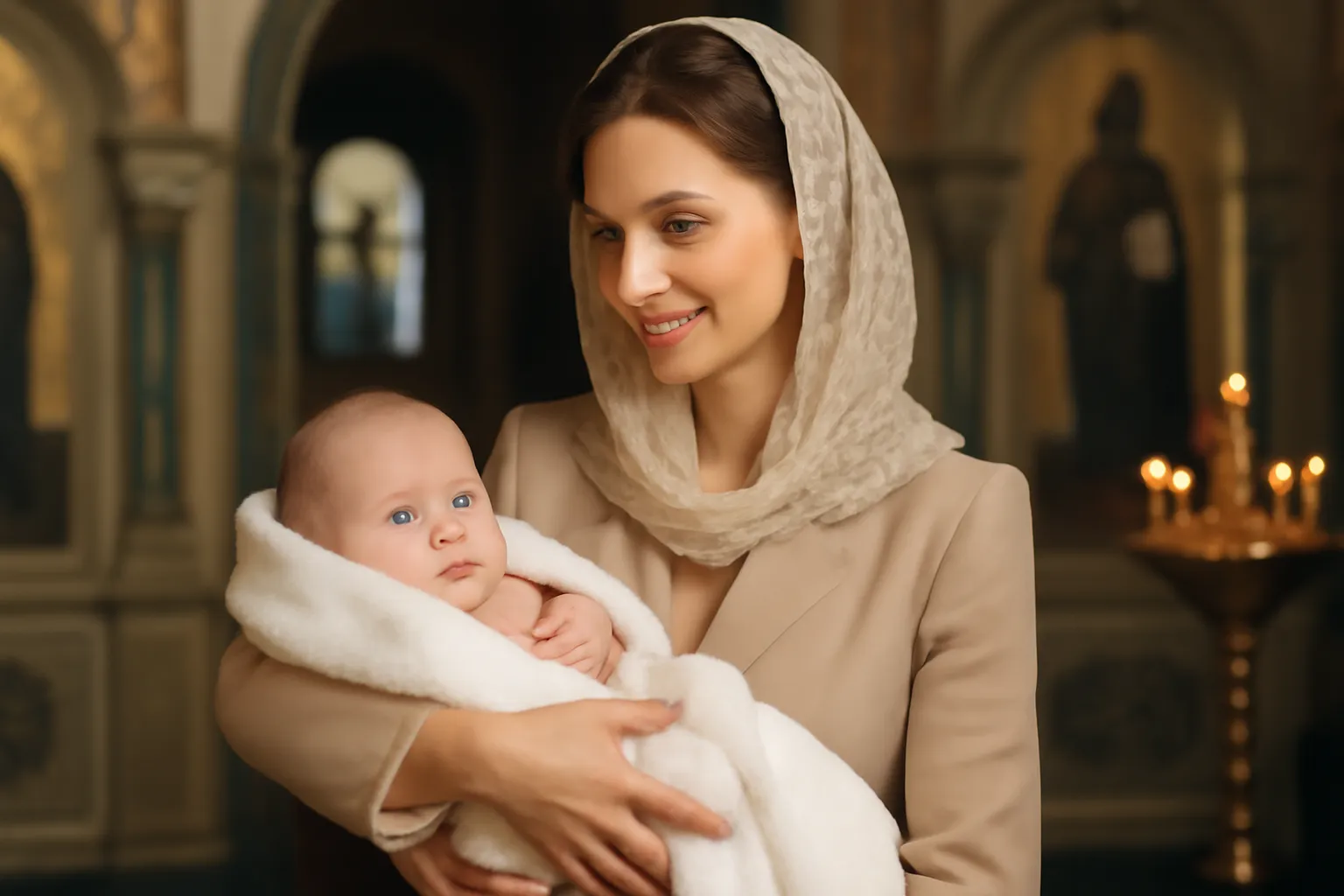 Marraine tenant un enfant enveloppé d'un linge blanc lors d'un baptême orthodoxe