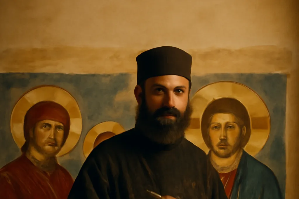 Moine iconographe orthodoxe peignant une fresque murale à la chaux, atelier en Bourgogne