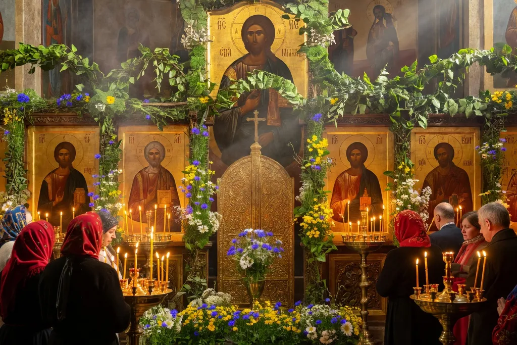 Église ornée de branches vertes pour la Pentecôte orthodoxe