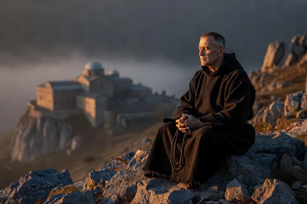 Moine orthodoxe en prière tenant un chapelet komboskini, lumière de cierge, ambiance contemplative