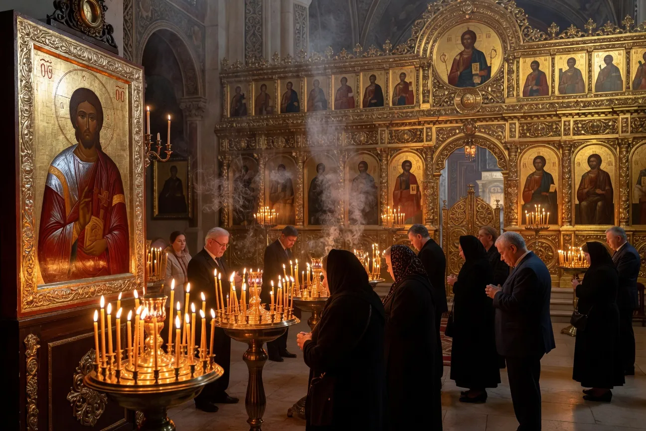 Cierges allumés devant des icônes orthodoxes lors d'un office commémoratif