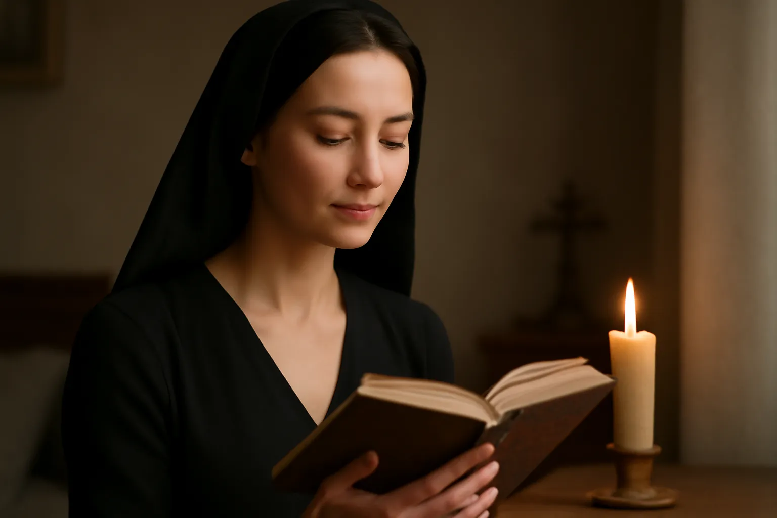 Fidèle orthodoxe lisant un psautier ouvert à la lumière d'une bougie