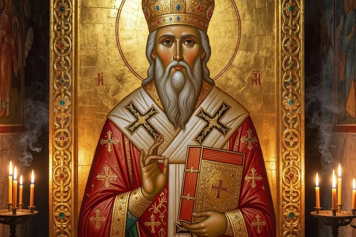 Icône de saint Nicolas le Thaumaturge sur fond doré avec livre des Évangiles