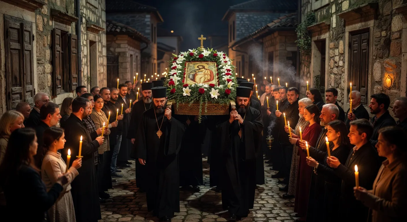 Procession de la Semaine Sainte avec cierges dans une eglise orthodoxe