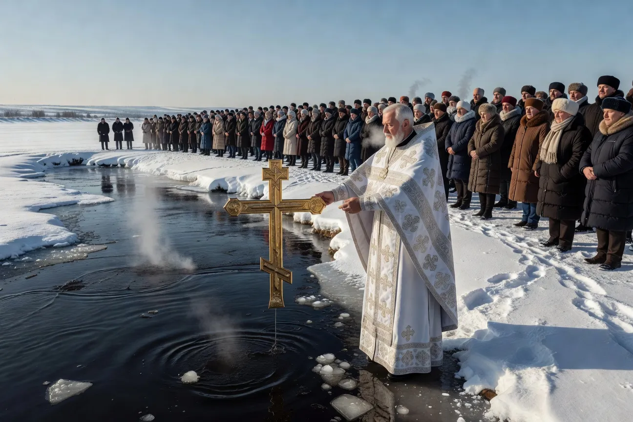 Prêtre orthodoxe bénissant les eaux lors de la Théophanie, croix et fidèles en hiver
