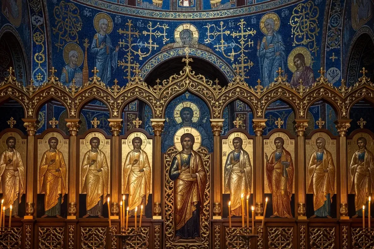 Collection d'icônes orthodoxes dorées sur fond bleu nuit, Vierge de Vladimir et Christ Pantocrator